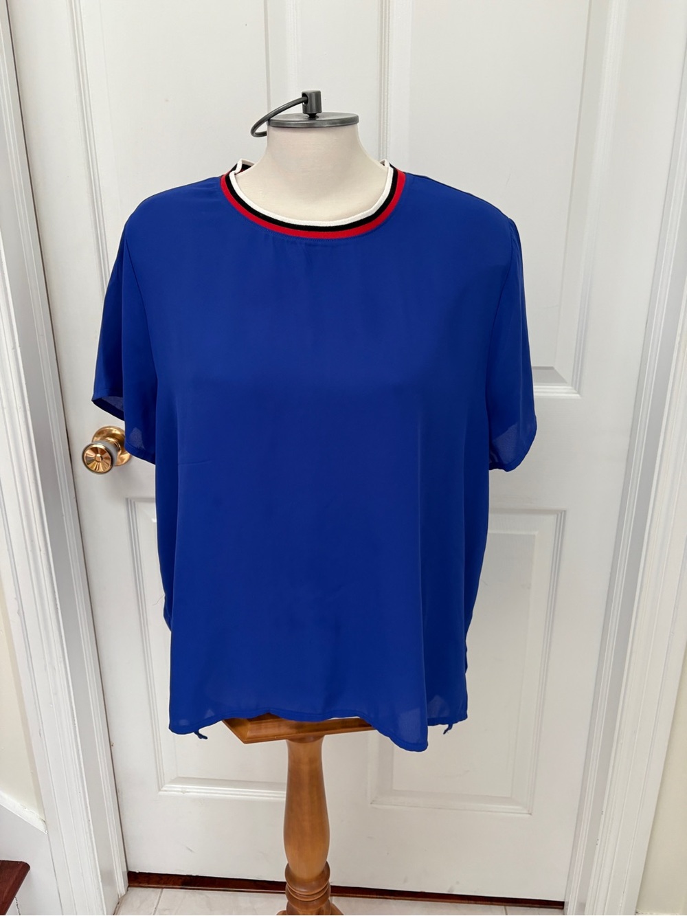 George Royal Blue Short Sleeve Blouse with Red-Trim Crew Neck
